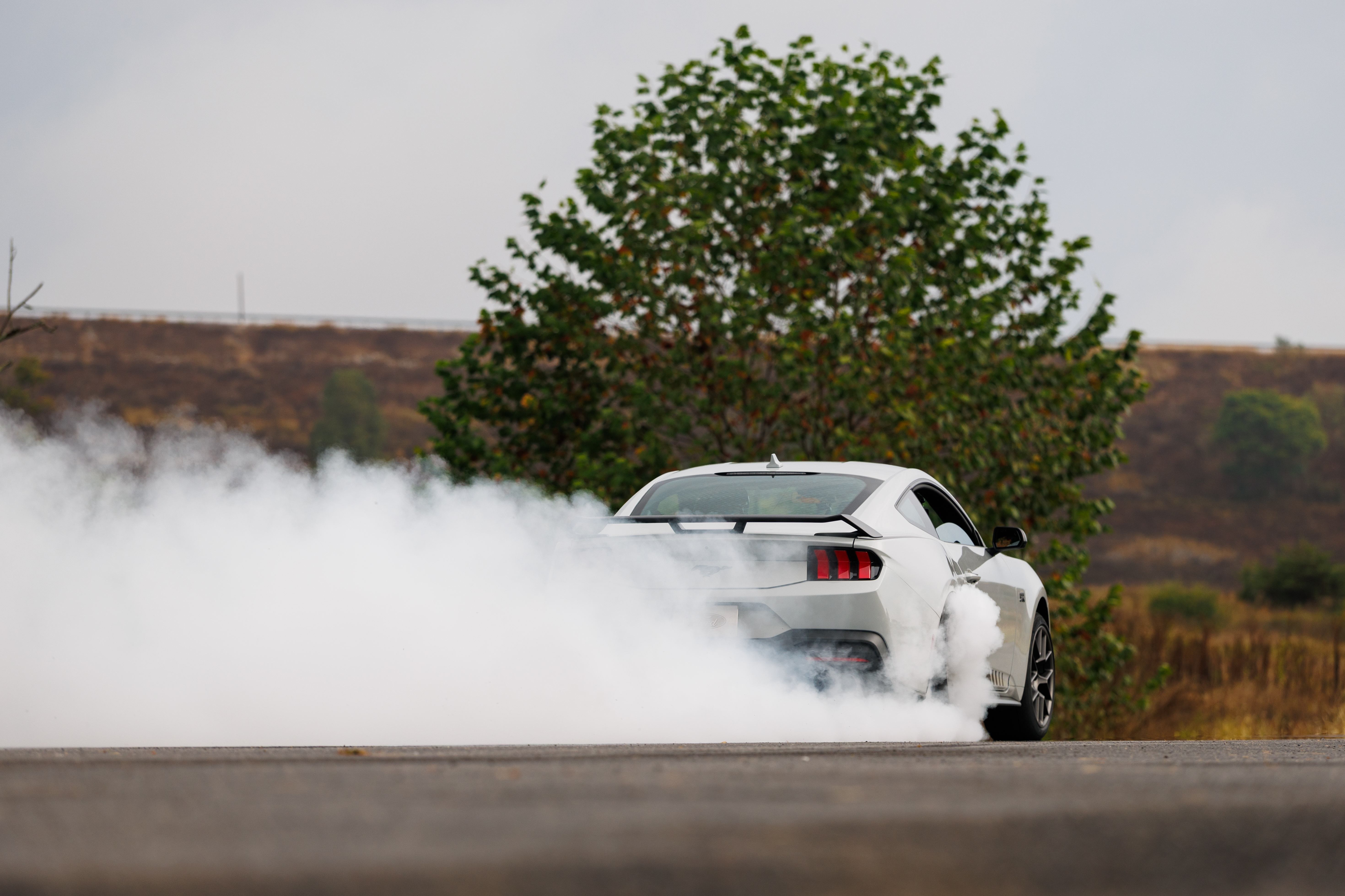 Optional RTR package available on 2026 Ford Mustang EcoBoost fastback. Preproduction model with optional Hyper Lime brake caliper shown. Available late spring 2026. Professional driver. Closed course. Do not attempt. Closed track. Drift brake is intended for track use only. It should never be used on public roads. See Owner’s Manual for information on use.